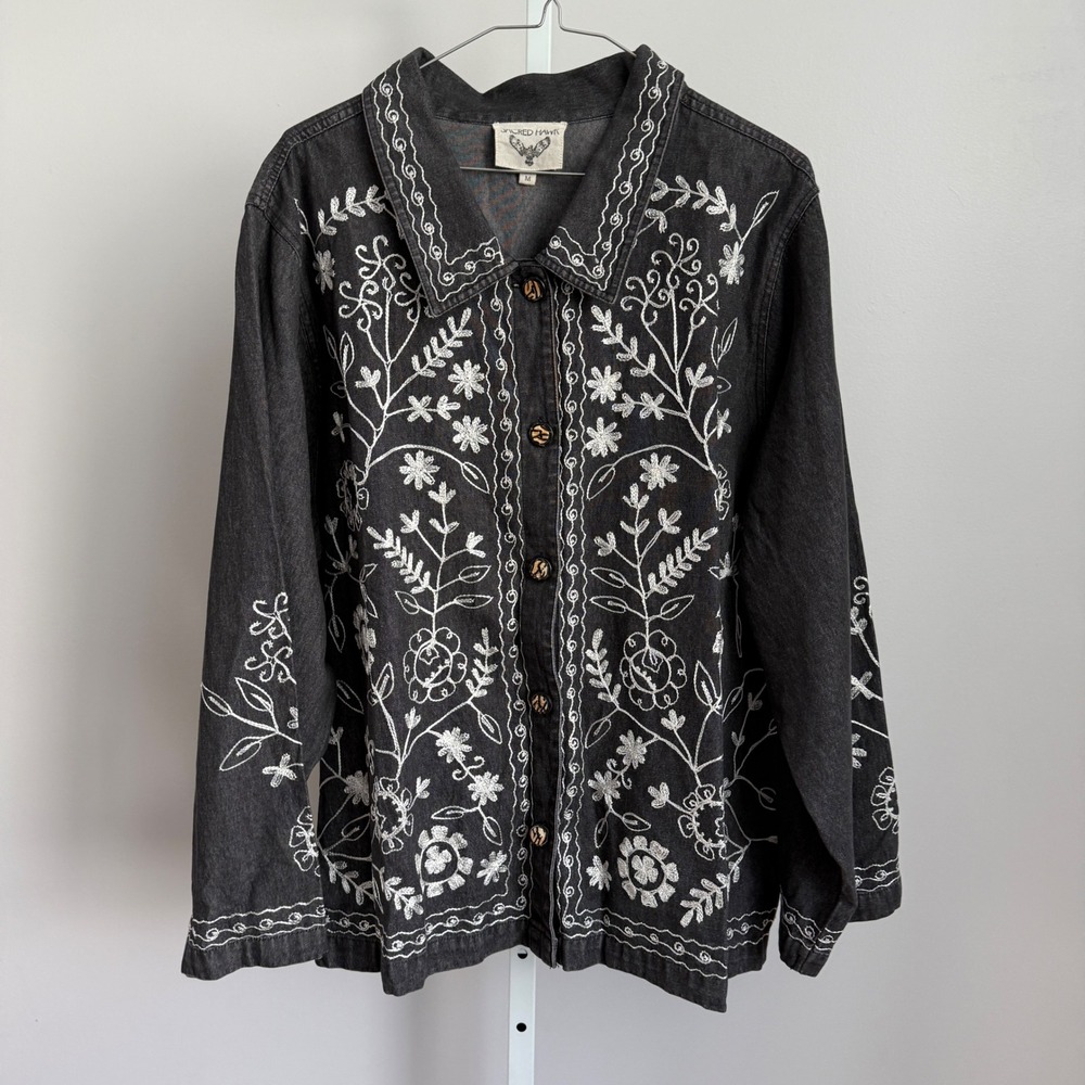 Sacred‎ Hawk Embroidered Denim Jacket Floral Western Jean Jacket Medium